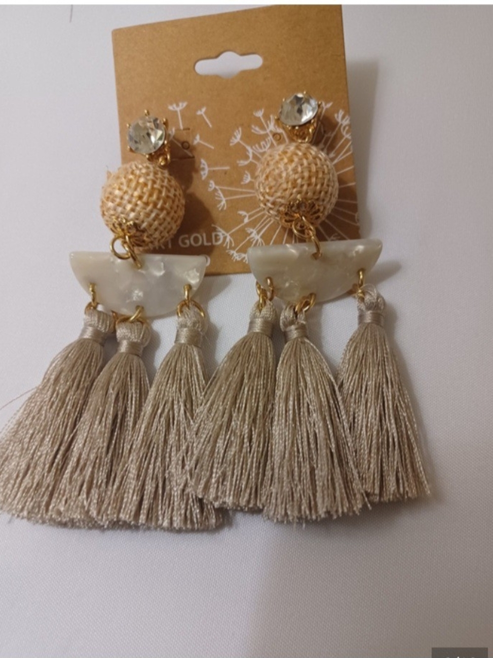 Beige Tassel Drop Earrings with Gold Accents